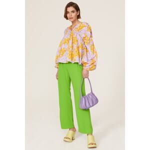 STINE GOYA Purple Yellow Polka Dot Florals V-Neck Long Sleeve Blouse Top Size XS